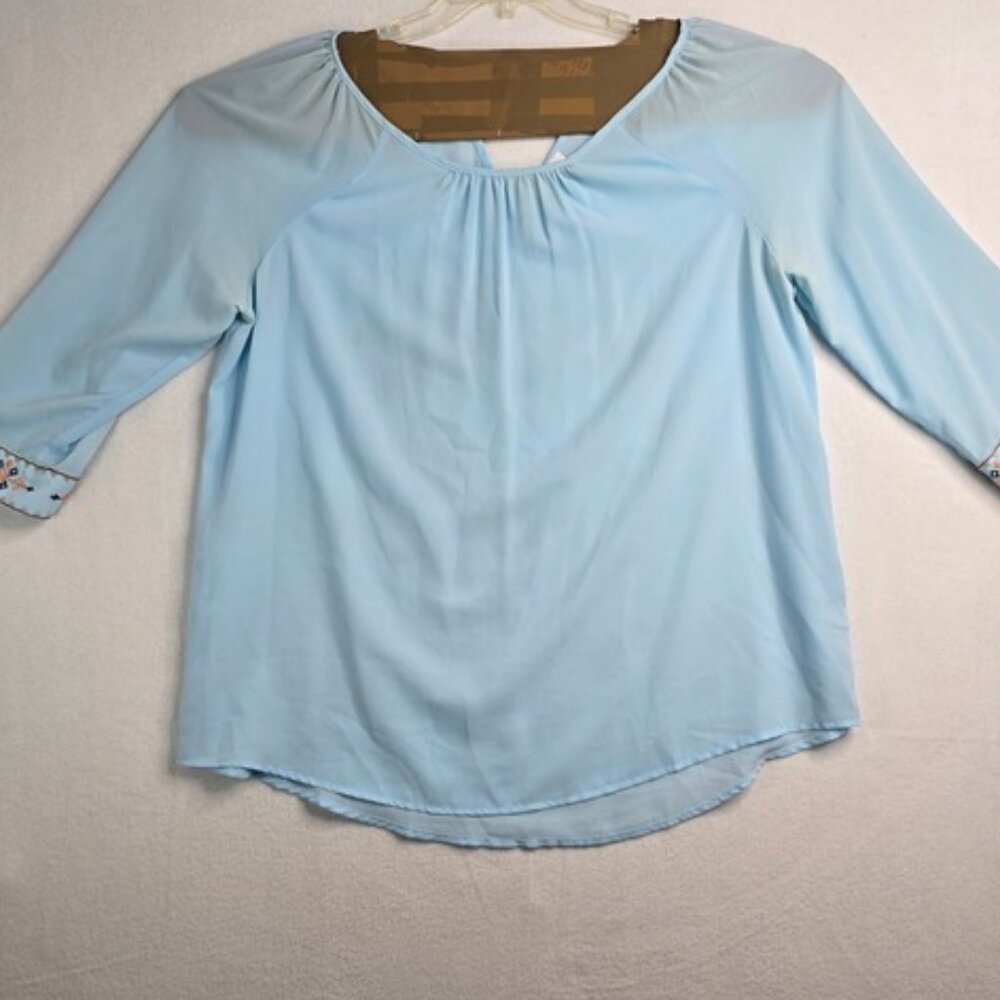 Mine Too Light Blue Embroidered Sleeve Keyhole Neck Blouse Top Plus